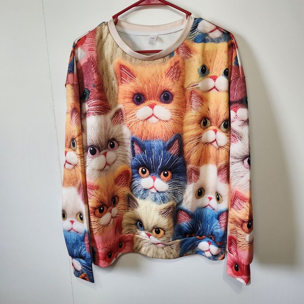 Cat Face All Over Print Sweatshirt Top Medium 3D Graphic Long Sleeve Polyester